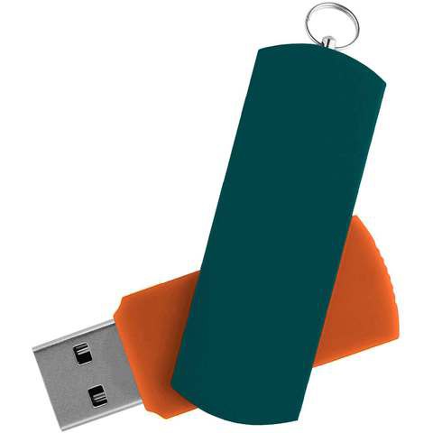 Оранжевая с зеленым флешка 64 гб, металл и пластик soft-touch «ЕЛЕГАНКЕ-КОЛОР»