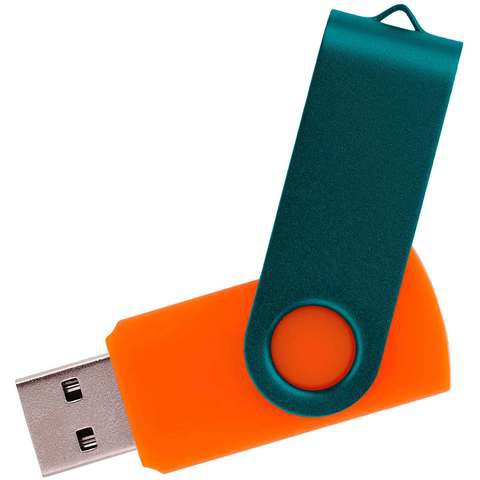 Флешка 16 ГБ оранжевая с зеленым, металл и пластик soft-touch «ТВИСТ-КОЛОР-МИКС»